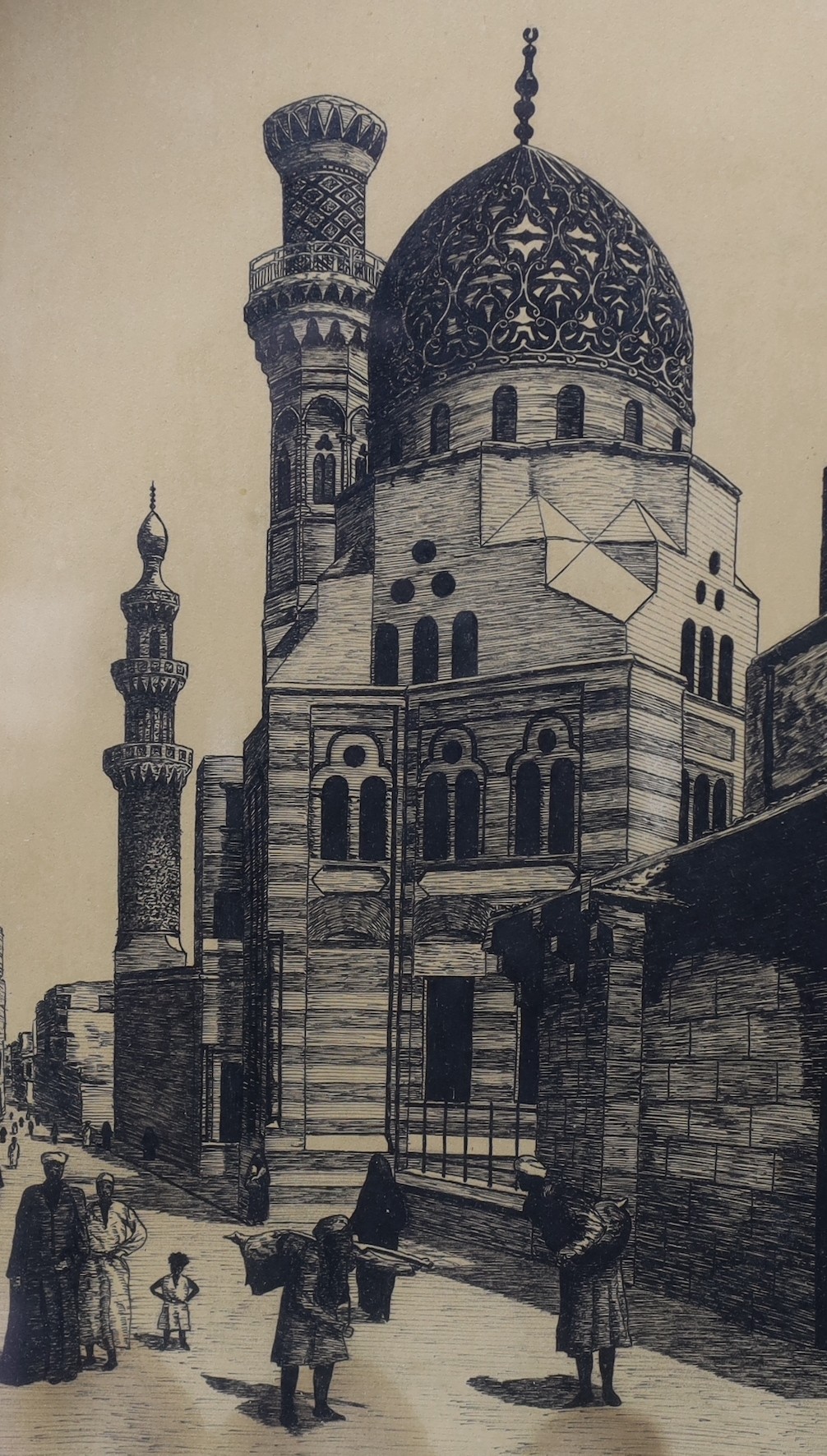 WVC 1926, four pen and ink drawings, Two men riding a camel and three views of mosques, largest 19 x 26cm